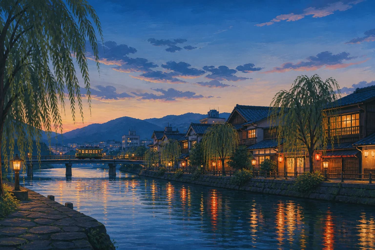Kyoto riverside at blue hour with a small tram, lantern reflections and traditional townhouses