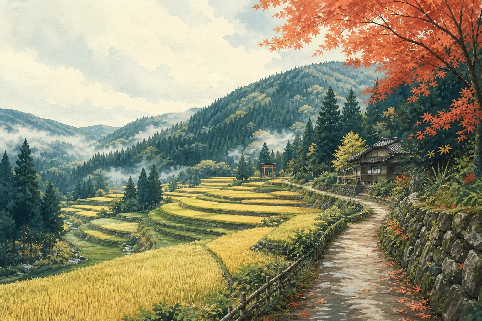 Japanese rice terraces and mountain path in early autumn after rain