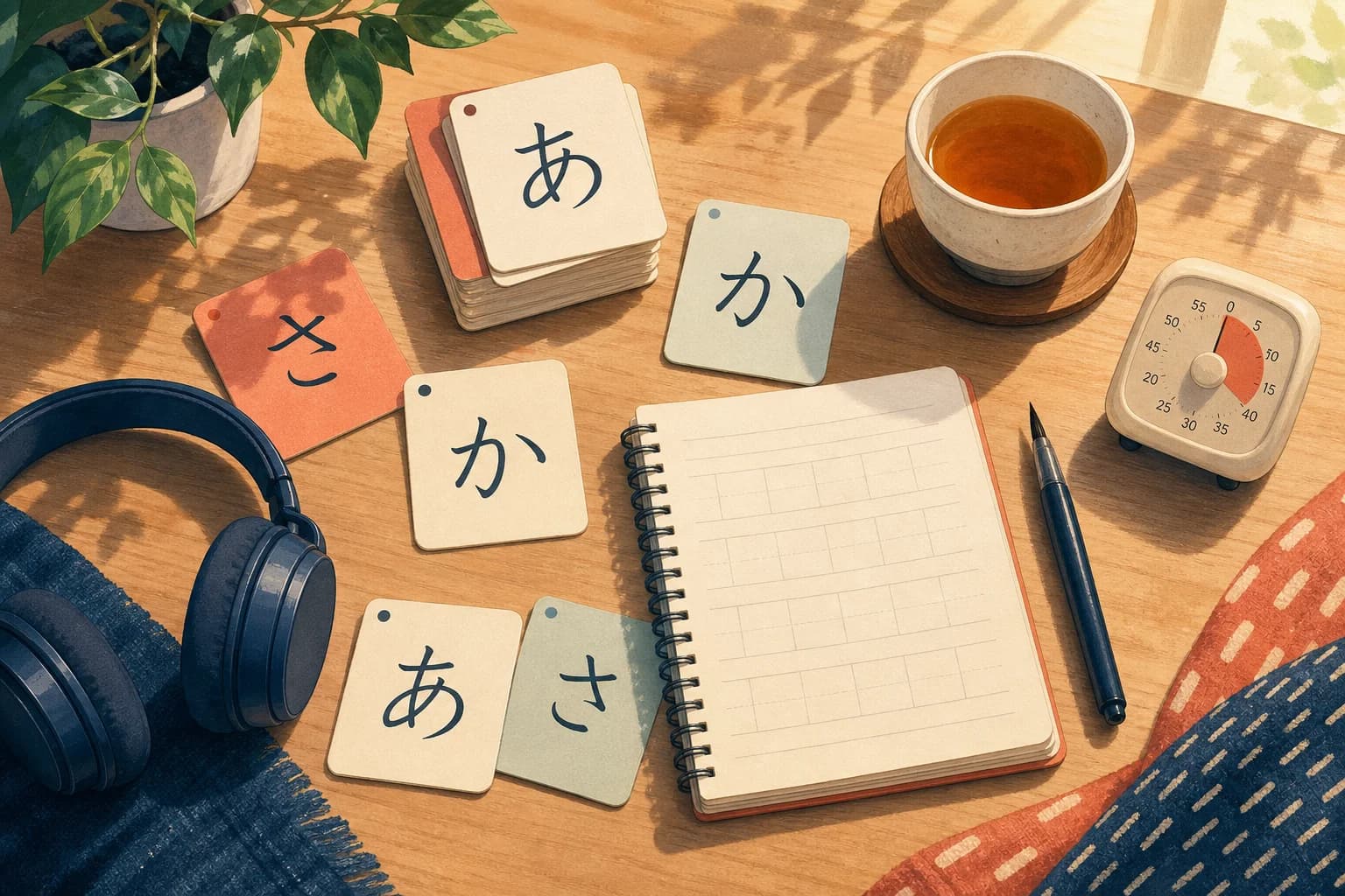 Japanese study desk with kana cards, headphones, notebook and focused practice tools