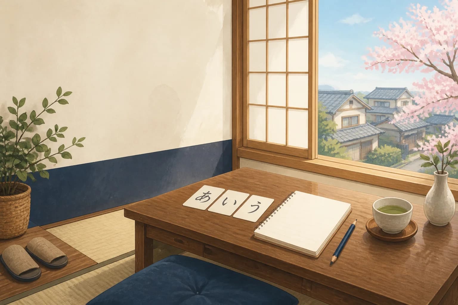 Příjemný pokoj na učení japonštiny s prvními kartami kany a otevřeným zápisníkem