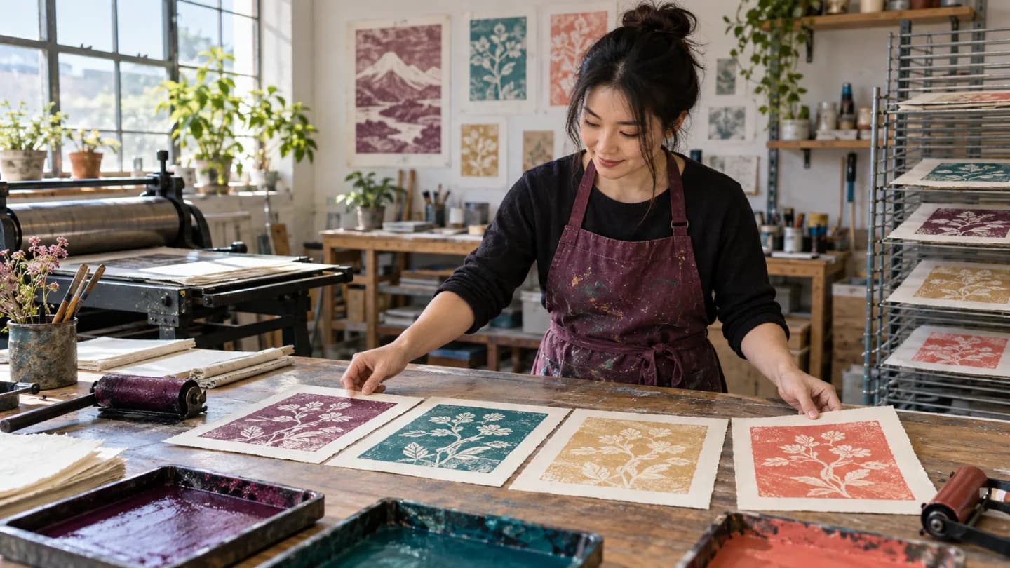 Studentessa adulta in un laboratorio di stampa che ordina quattro stampe botaniche colorate
