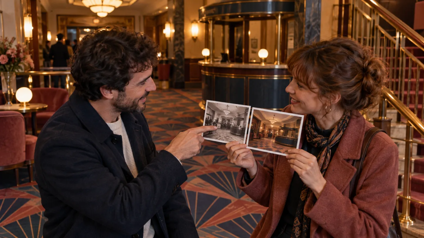 Due adulti nell’atrio di un cinema d’epoca confrontano fotografie vecchie e recenti mentre parlano
