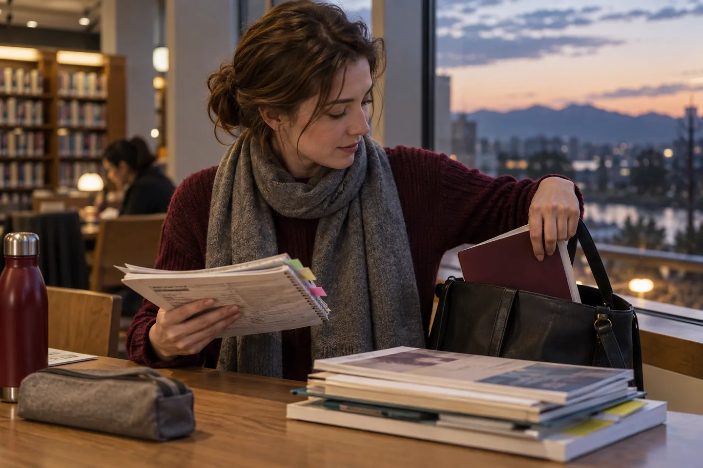 Learner reviewing a week of notebook pages at a library window and putting one chosen booklet in her bag