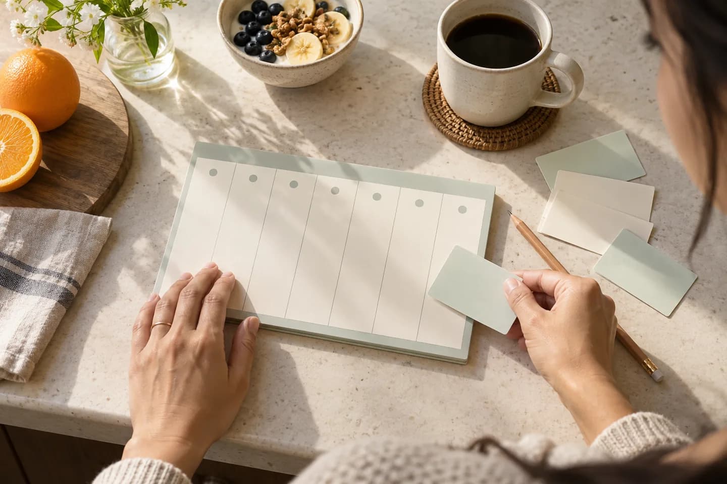 Hands arranging a modest seven-day study planner and a few task cards beside breakfast