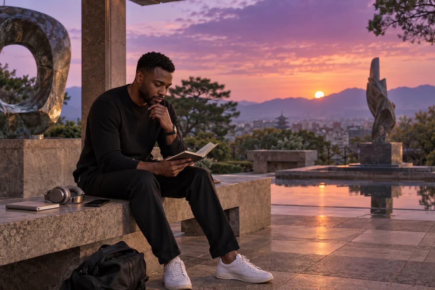 Adult learner comparing a notebook, headphones and a course booklet in a sculpture-garden pavilion at sunset