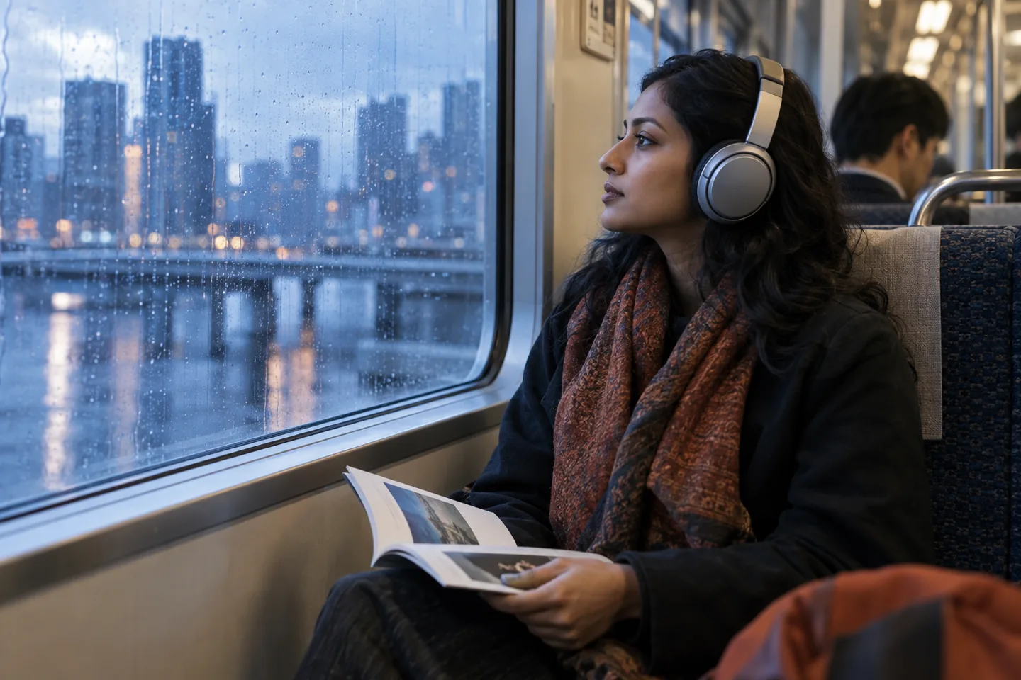 Learner listening through headphones on a rainy commuter train with a short reading booklet on her lap
