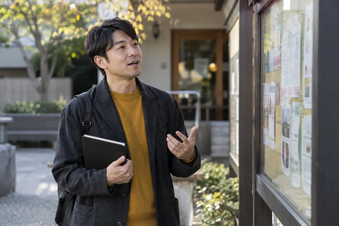 Learner rehearsing a short independent sentence beside a community-center notice board with his notebook closed