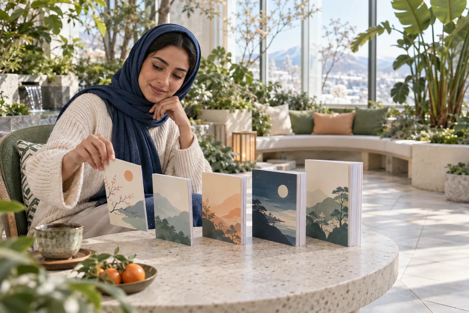 Adult learner choosing among illustrated Japanese reading booklets of increasing difficulty in a bright winter garden