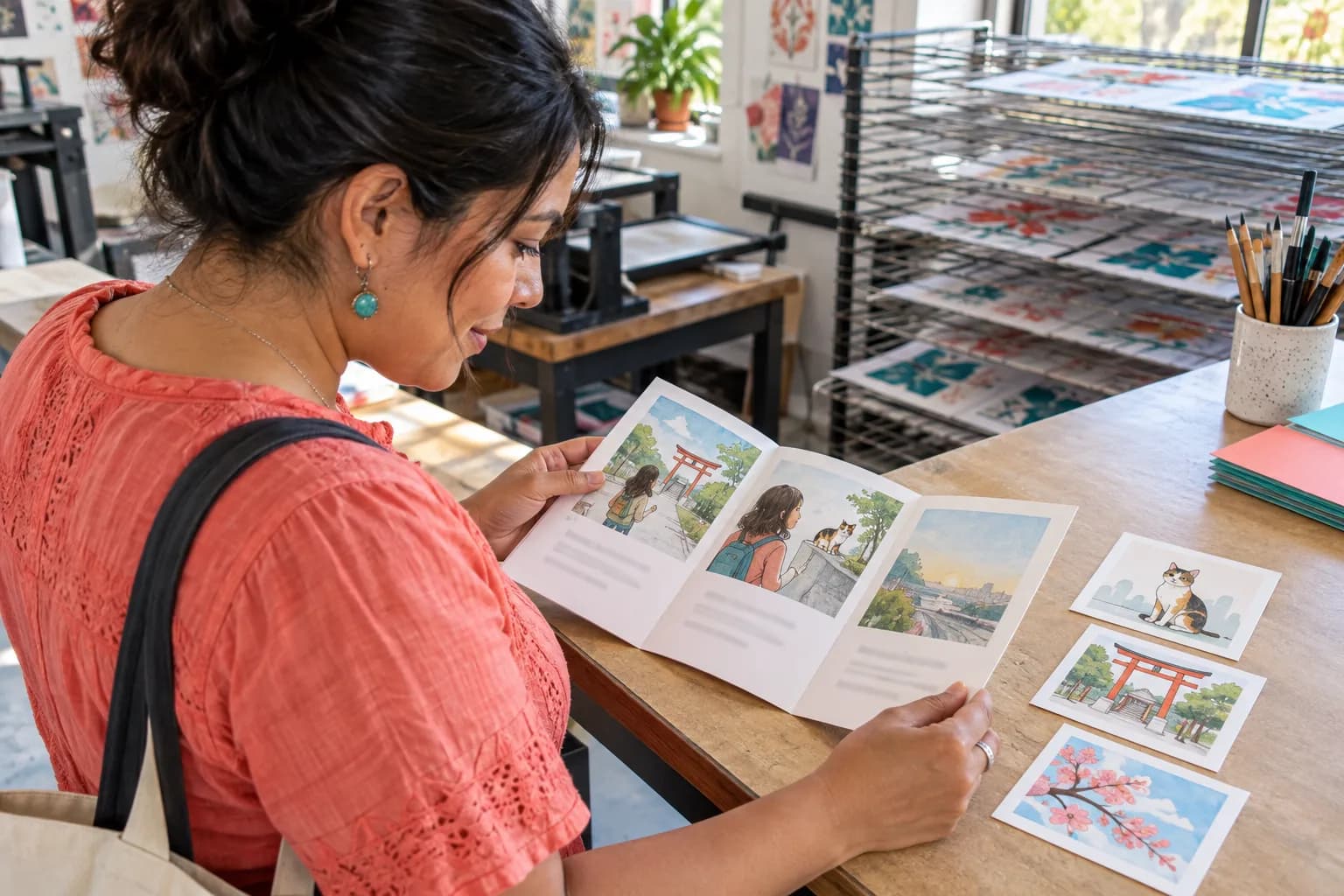 Adult learner previewing an illustrated Japanese booklet and using picture clues in a community print studio