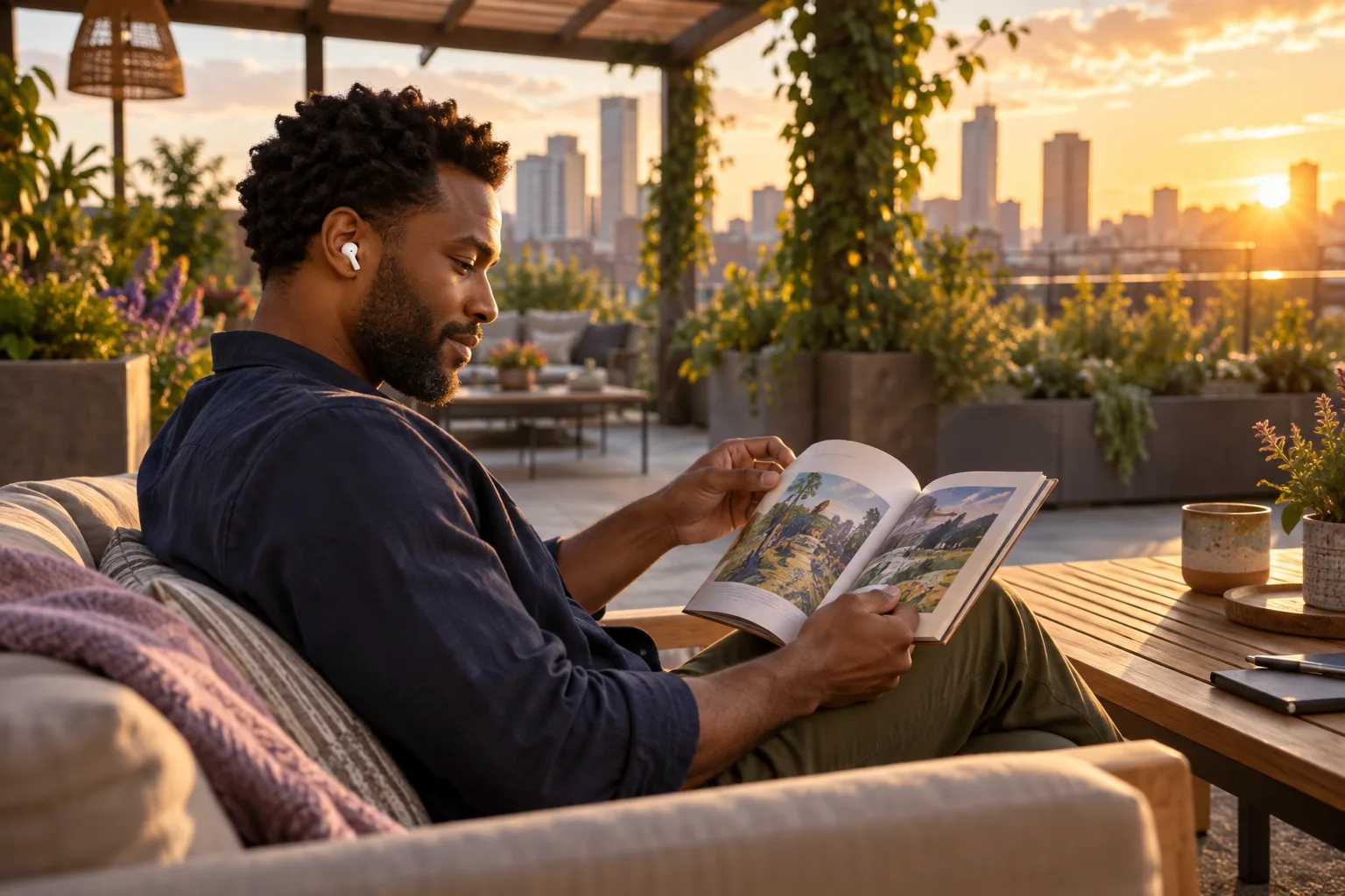 Adult learner on a rooftop garden following a Japanese story while listening through headphones at sunset
