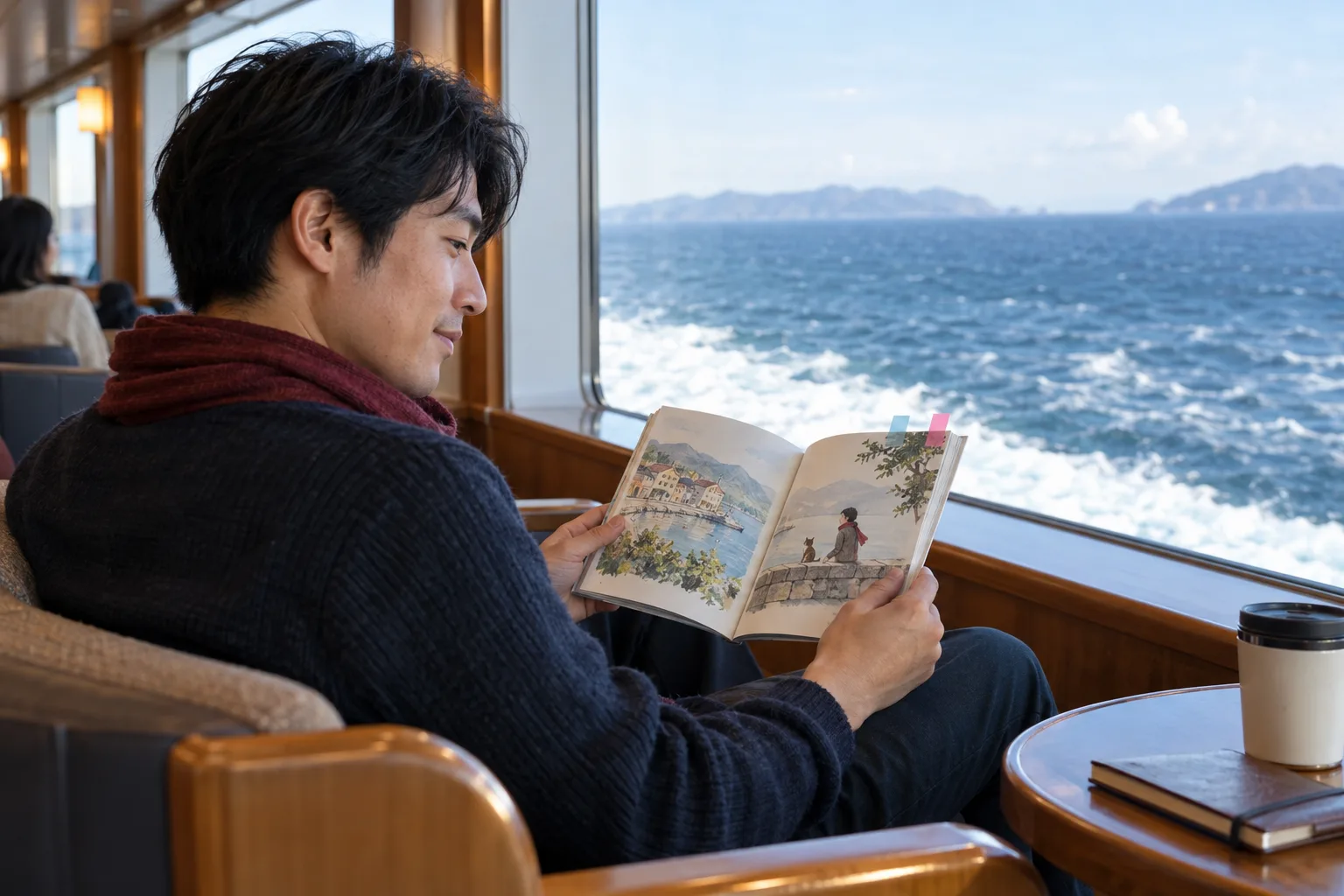 Adult learner reading on a ferry with two small tabs marking the only words chosen for later lookup