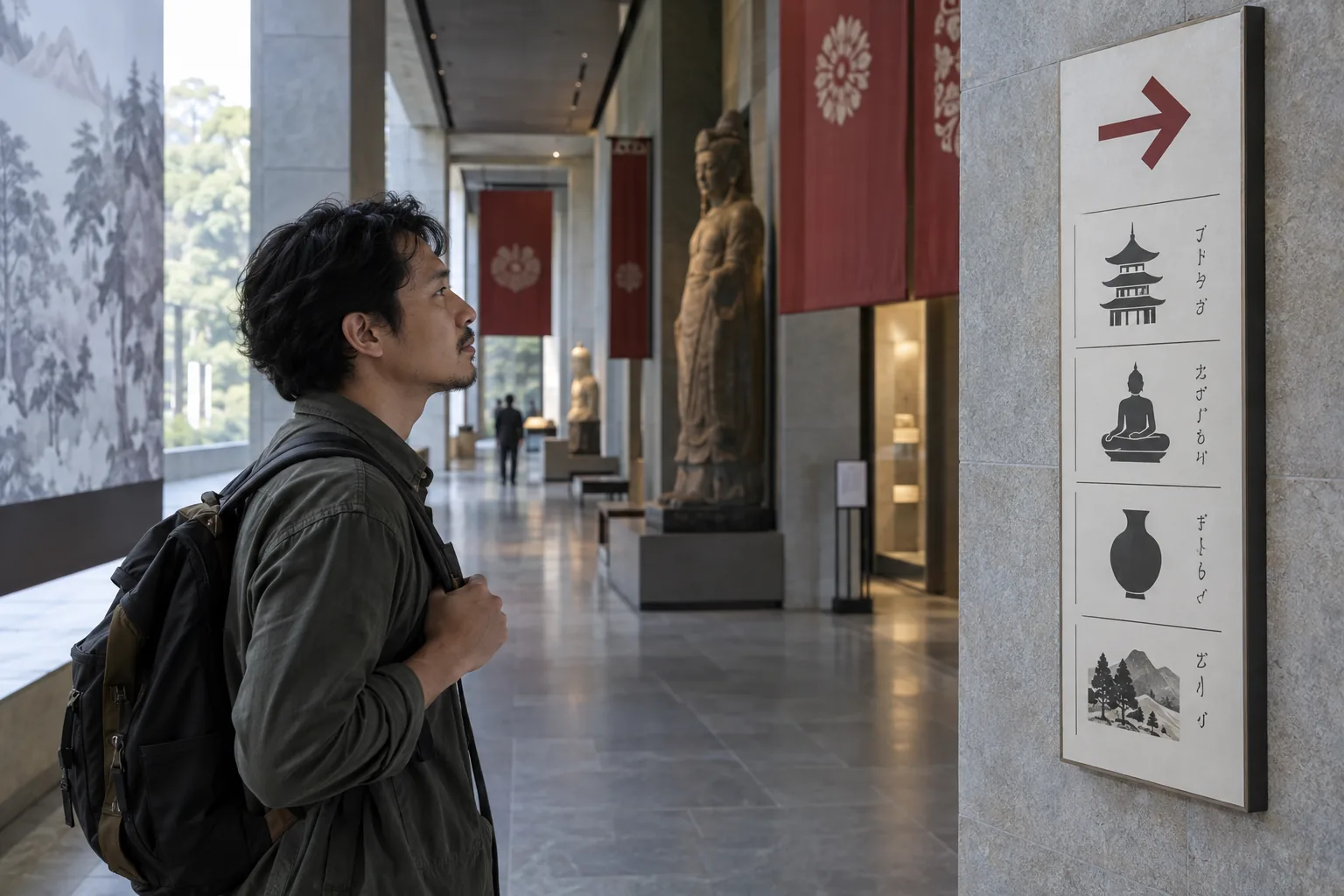 Erwachsener Lernender nutzt einen Museumswegweiser und die bildliche Umgebung zum Verstehen eines japanischen Hinweises