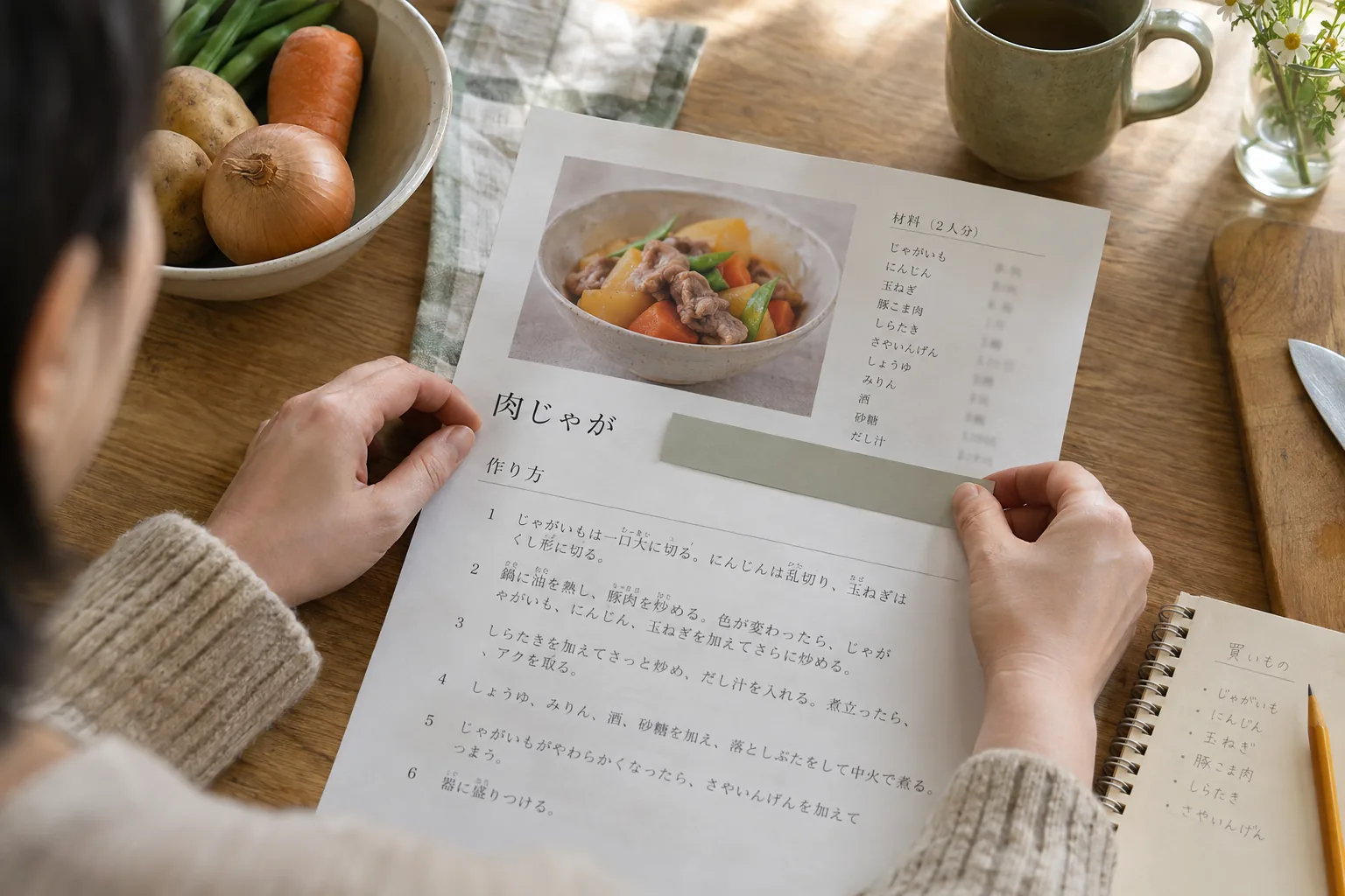 Hände lesen neben Zutaten ein japanisches Rezept, während ein schlichter Streifen einige Aussprachehilfen verdeckt