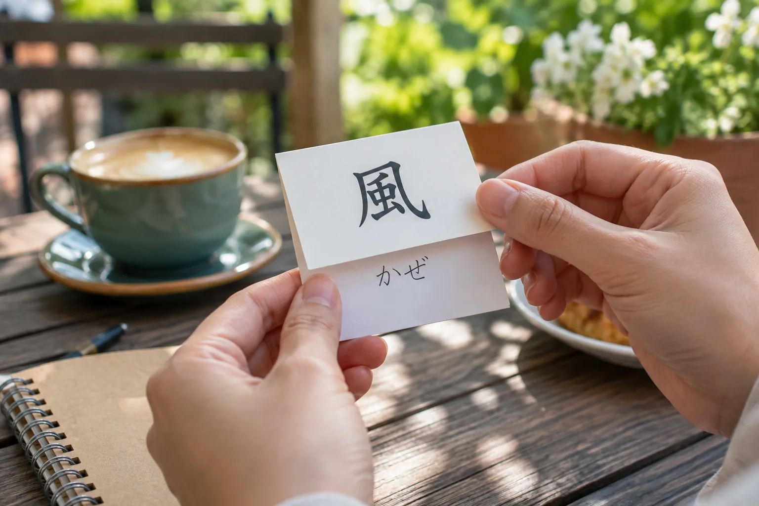 Hände klappen an einem Café im Freien eine Papierkarte auf, um nach einem eigenen Versuch die Lesung zu prüfen