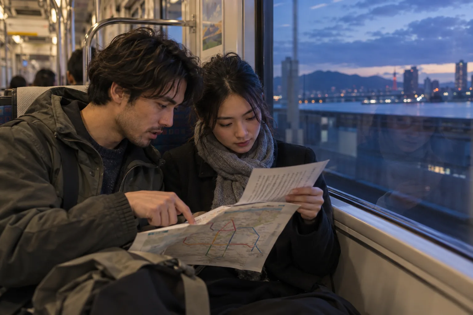Zwei Erwachsene vergleichen während einer abendlichen Zugfahrt einen japanischen Text mit einem Linienplan