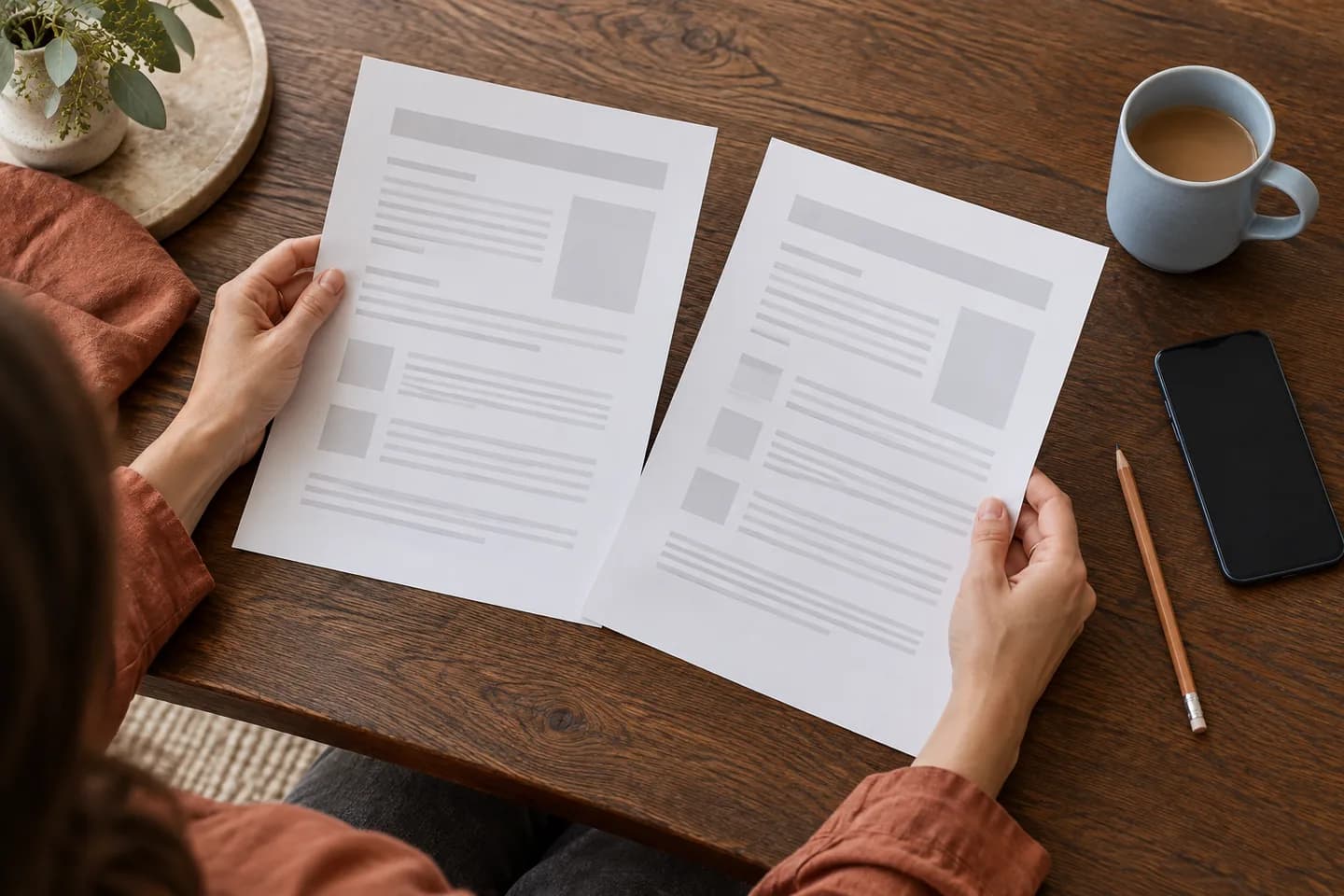 Hands comparing two plain information sheets beside a face-down phone and blue mug