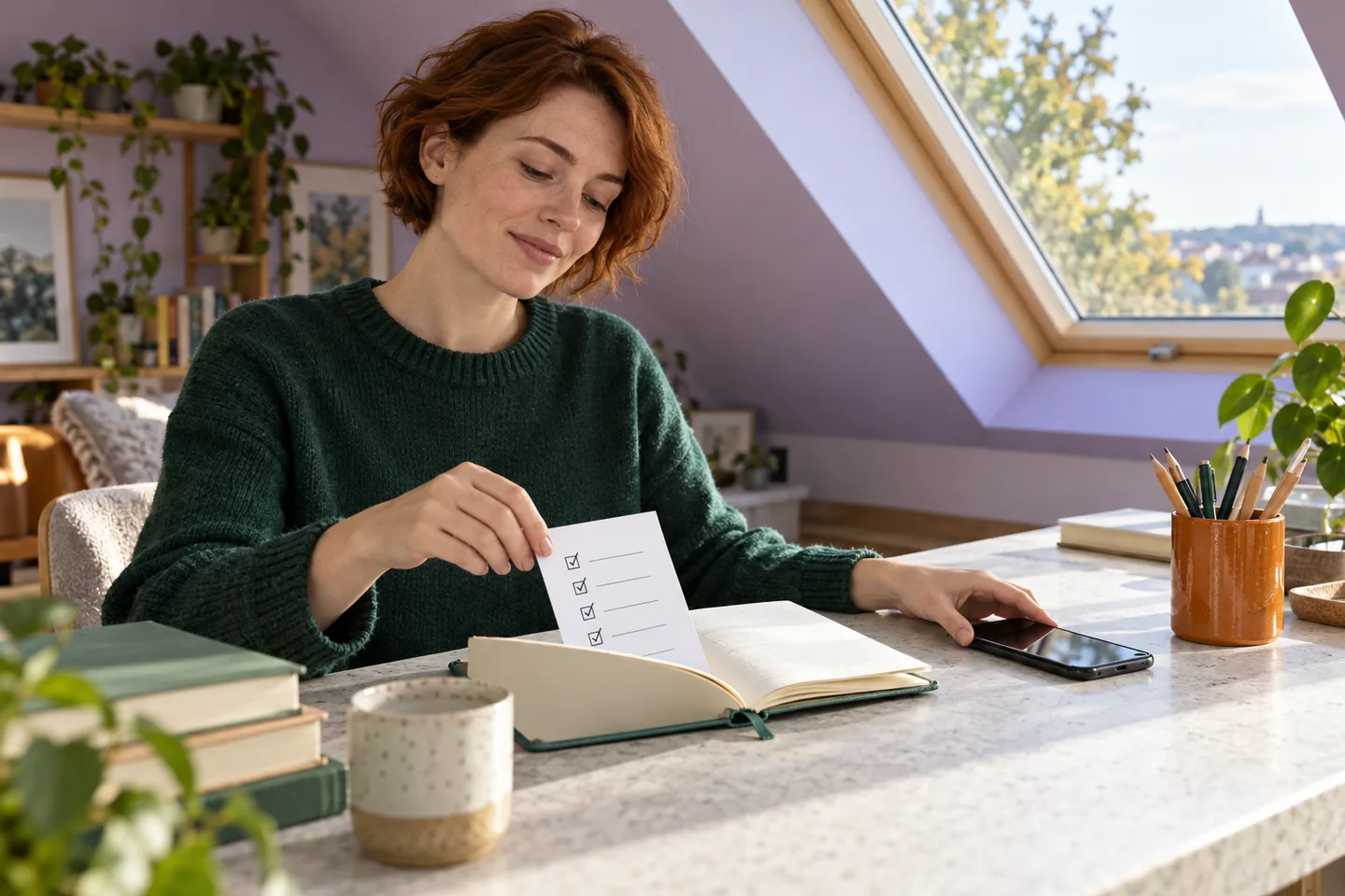 European woman putting a paper checklist into a notebook and setting a phone aside in a bright attic