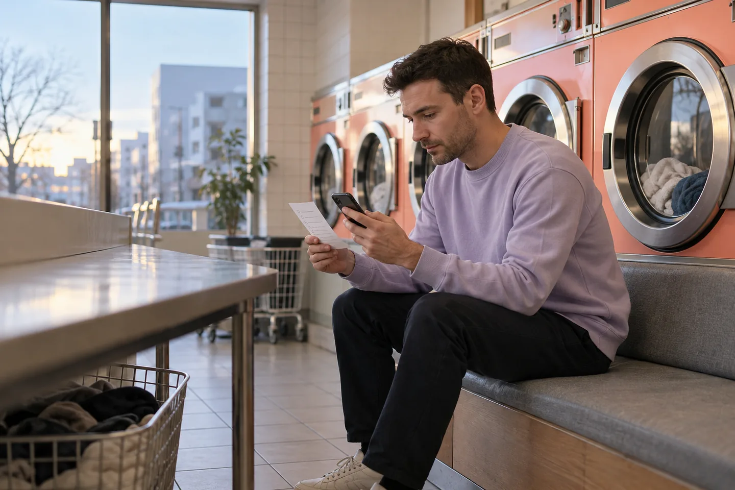 European man comparing a paper checklist with a plain phone on a quiet laundromat bench