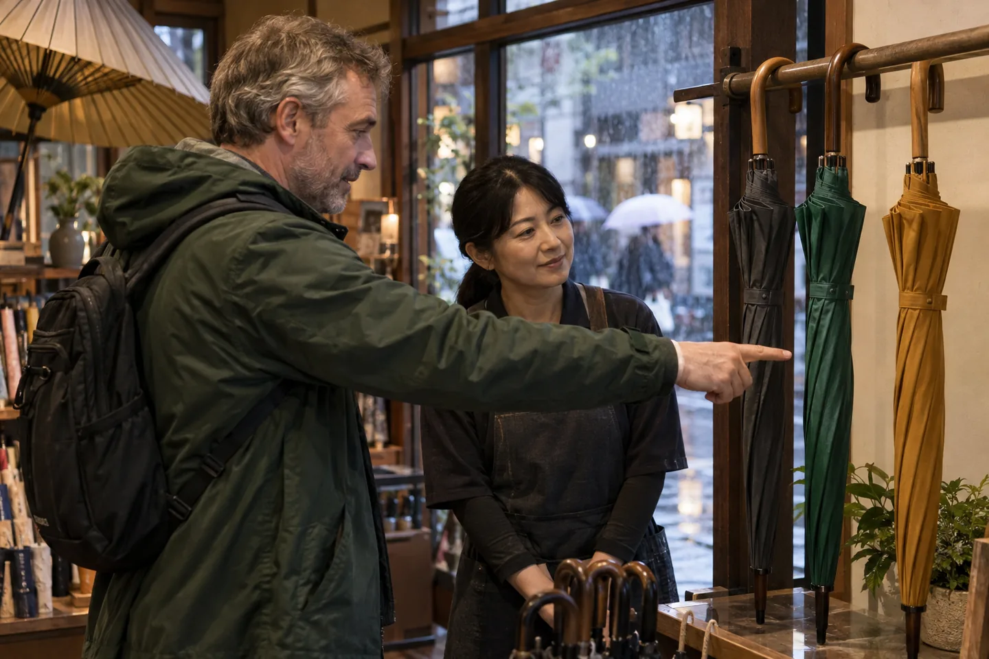 European man pointing at one of three differently colored umbrellas in a Japanese shop