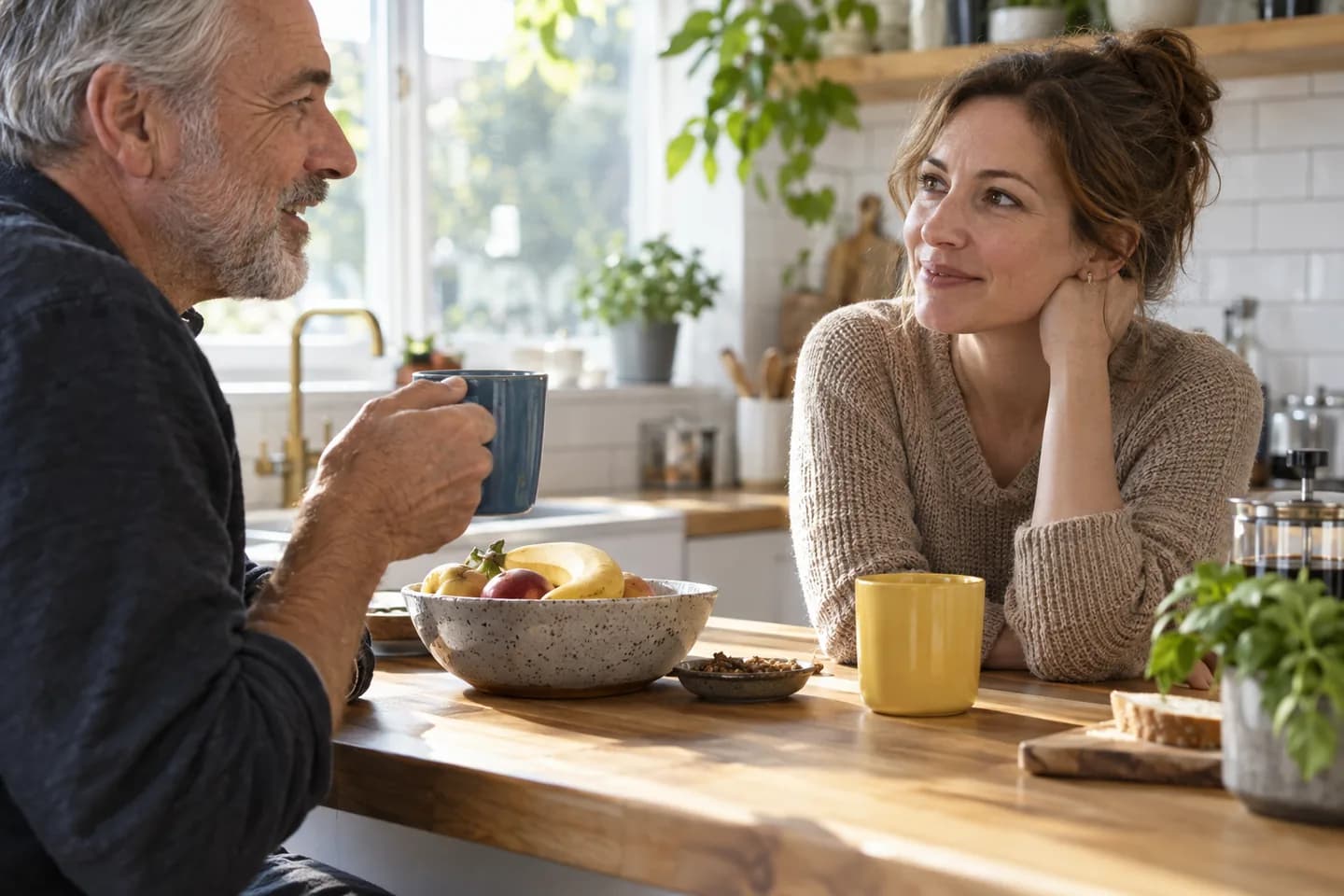 Une Européenne et un homme plus âgé s’exercent avec une tasse jaune et une tasse bleue de part et d’autre d’un comptoir de cuisine