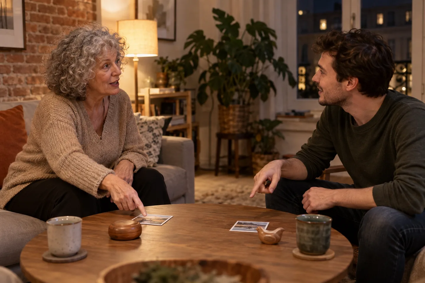 Older European woman and younger study partner practicing with objects on a living-room table in the evening