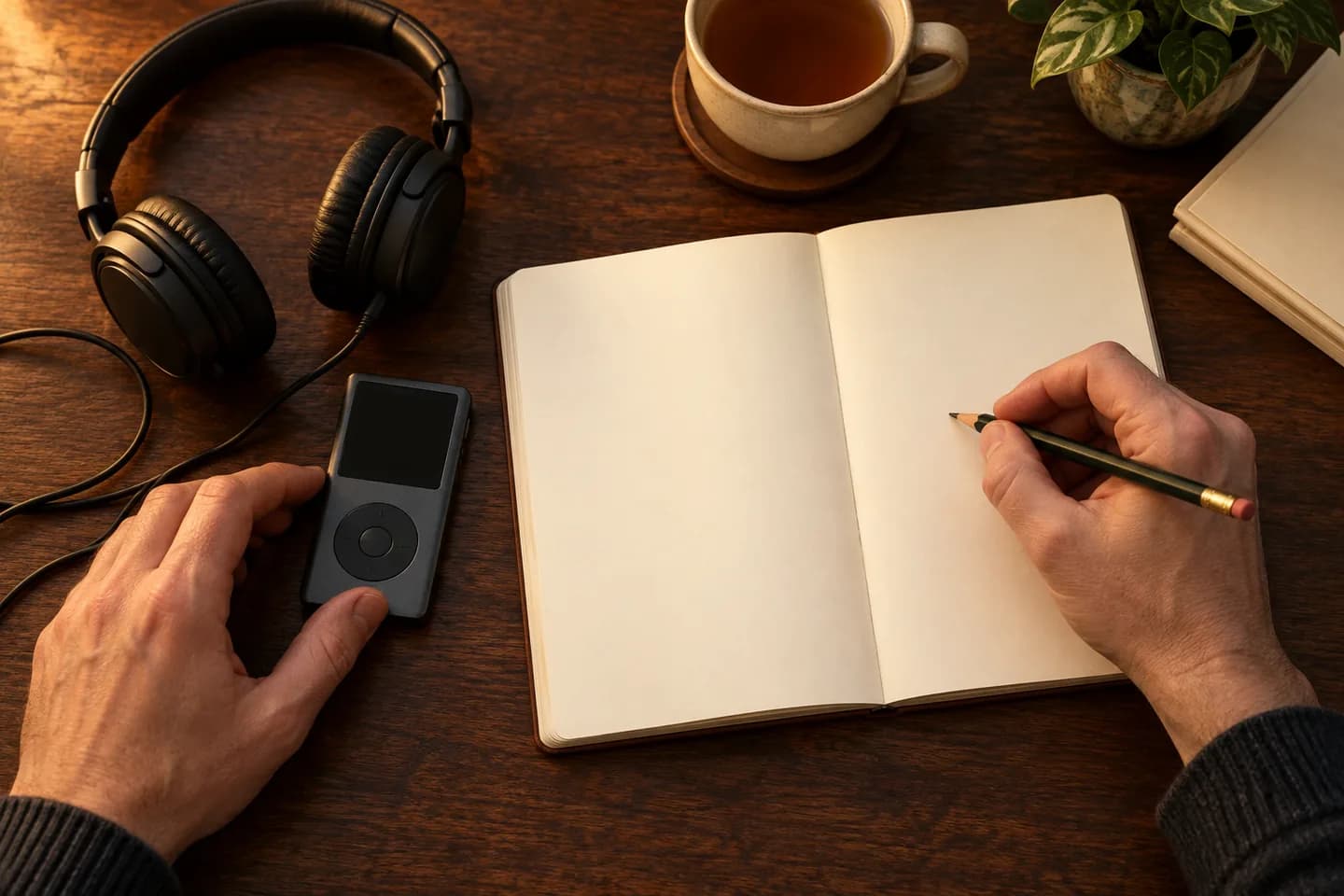 Unas manos preparan el primer intento de escucha con un cuaderno en blanco y un reproductor de audio