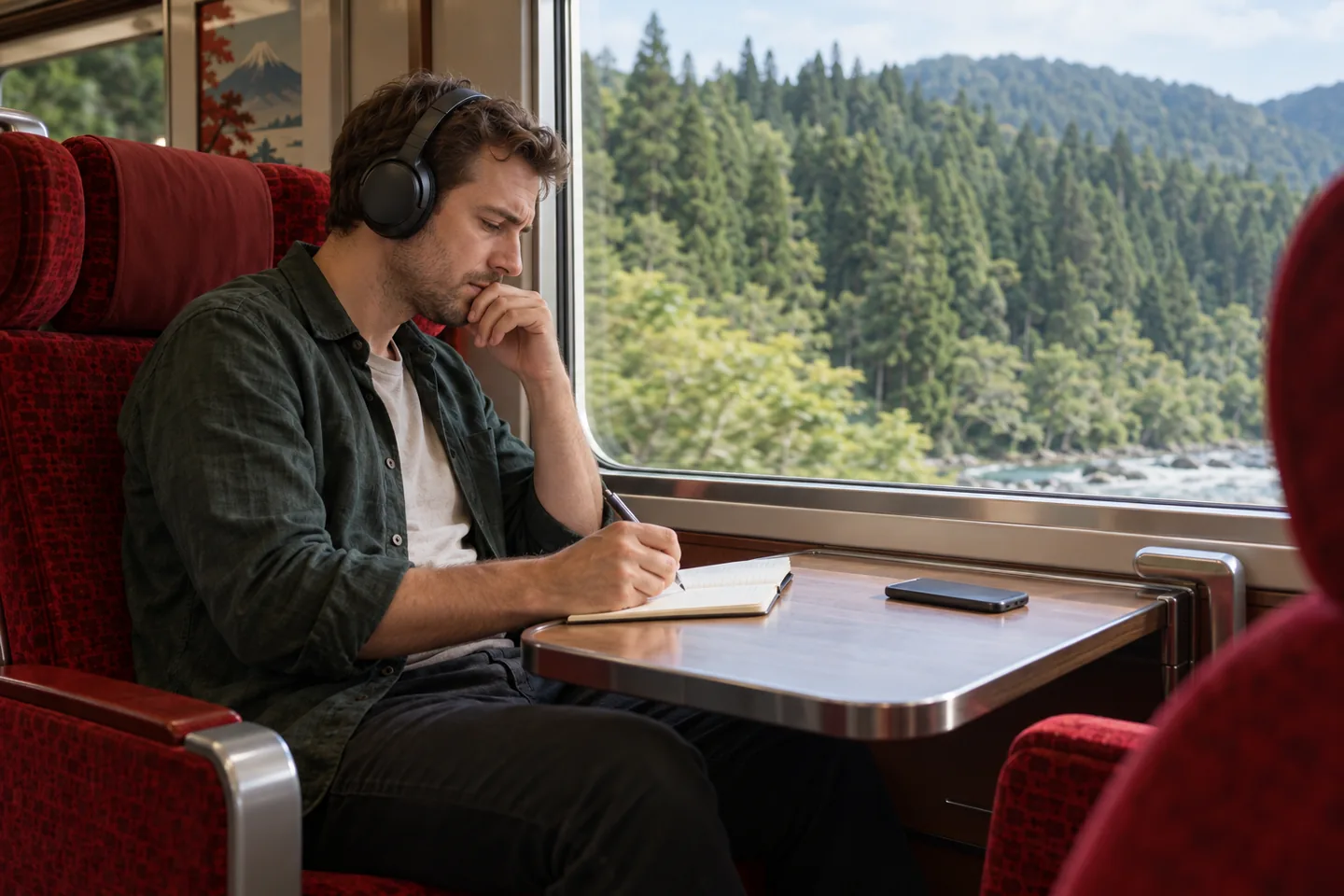 Un europeo escucha con auriculares y escribe en un cuaderno dentro de un vagón con asientos rojos