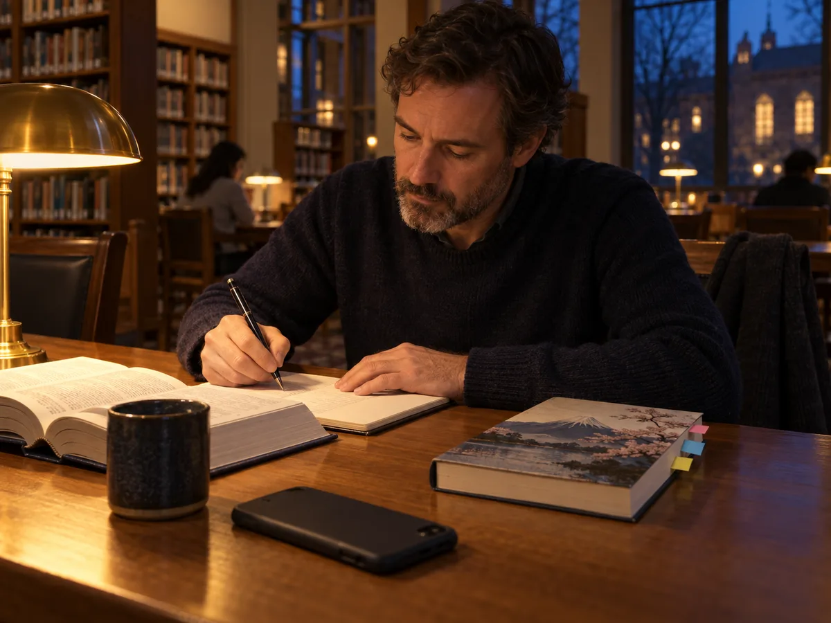Erwachsener Lerner notiert in einer warm beleuchteten Bibliothek ein nützliches Wörterbuchbeispiel
