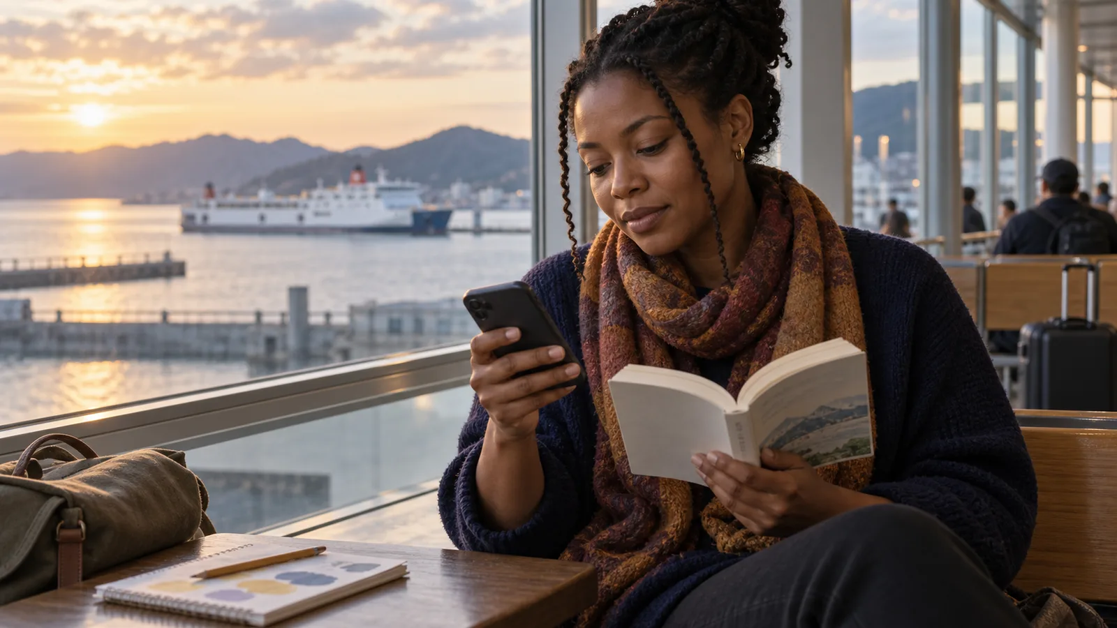 Erwachsene Lernerin prüft beim Lesen an einem Fährterminal im Sonnenuntergang ein unbekanntes japanisches Wort auf ihrem Handy