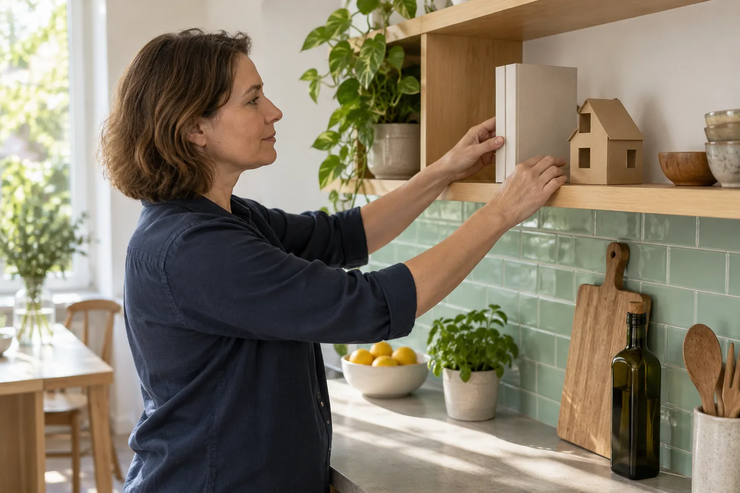 Mujer europea colocando un libro y una casa de cartón en una estantería de cocina
