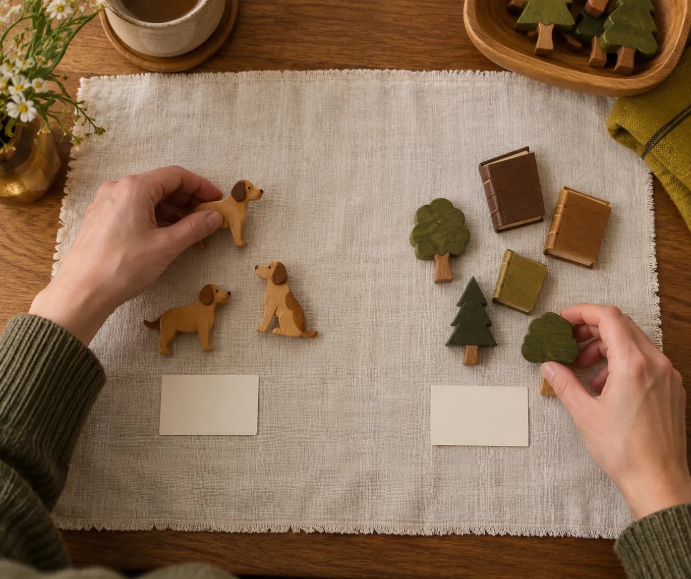 Manos clasificando figuras de madera de perros, árboles y libros sobre lino