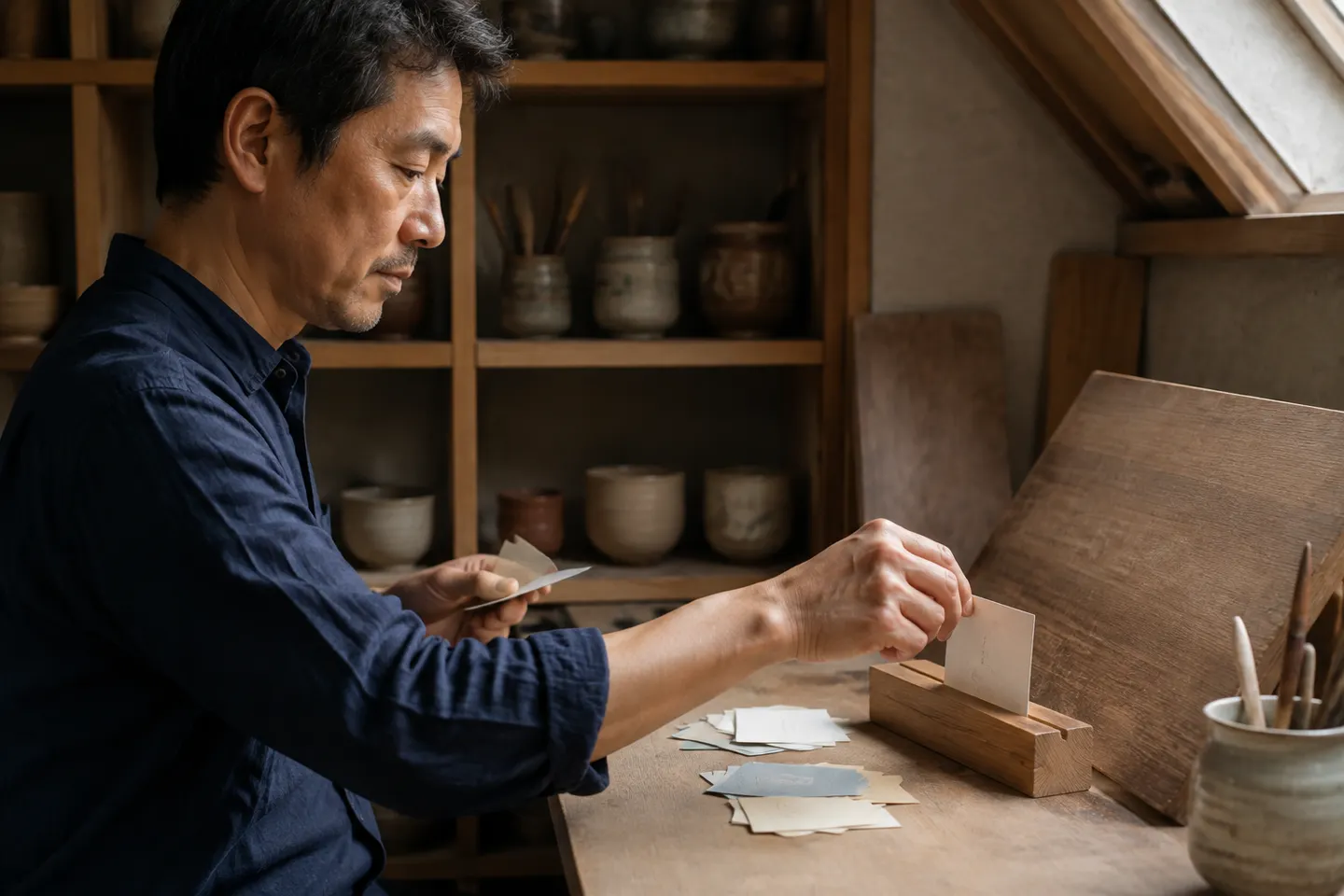 Adult learner placing one concise study card in a wooden holder beside a larger unsorted stack