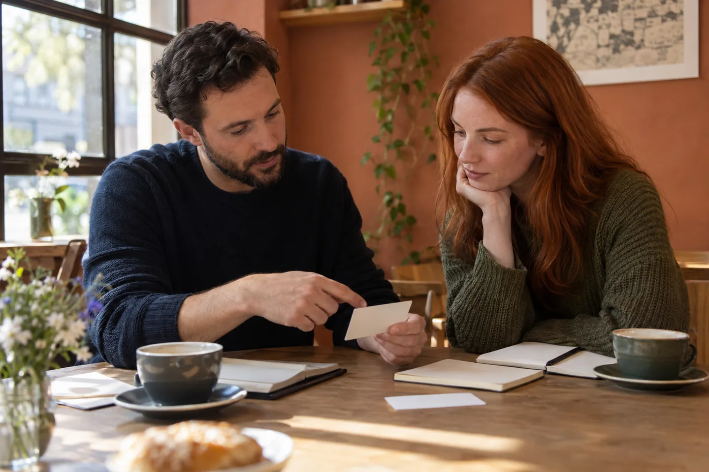To europeiske voksne sammenligner papirnotater og et øvingskort på en lokal kafé
