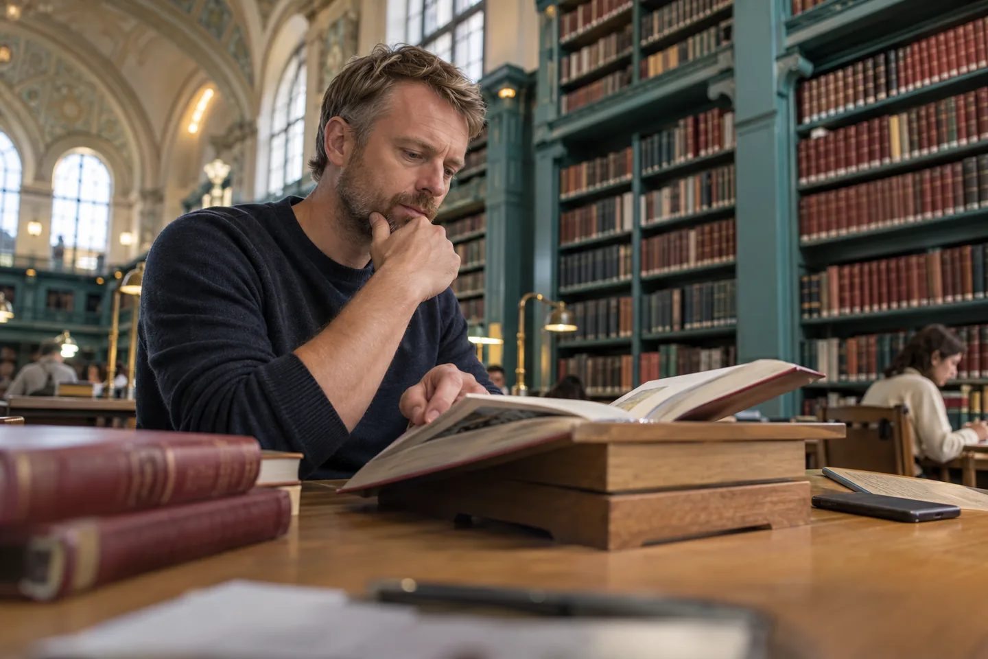 En europeisk mann sammenligner en språkbok og en telefon med skjermen ned ved en lesepult i et lyst bibliotek