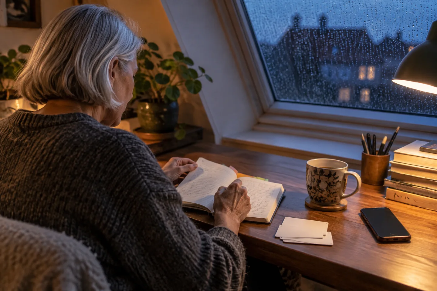 En eldre europeisk kvinne vender tilbake til en notatbok med bokmerke ved et regnvått loftsvindu
