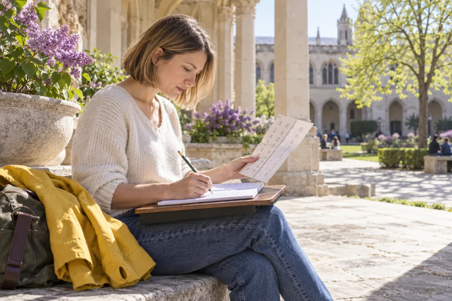 European woman comparing a paper reference with her handwriting in a squared notebook in a bright stone courtyard