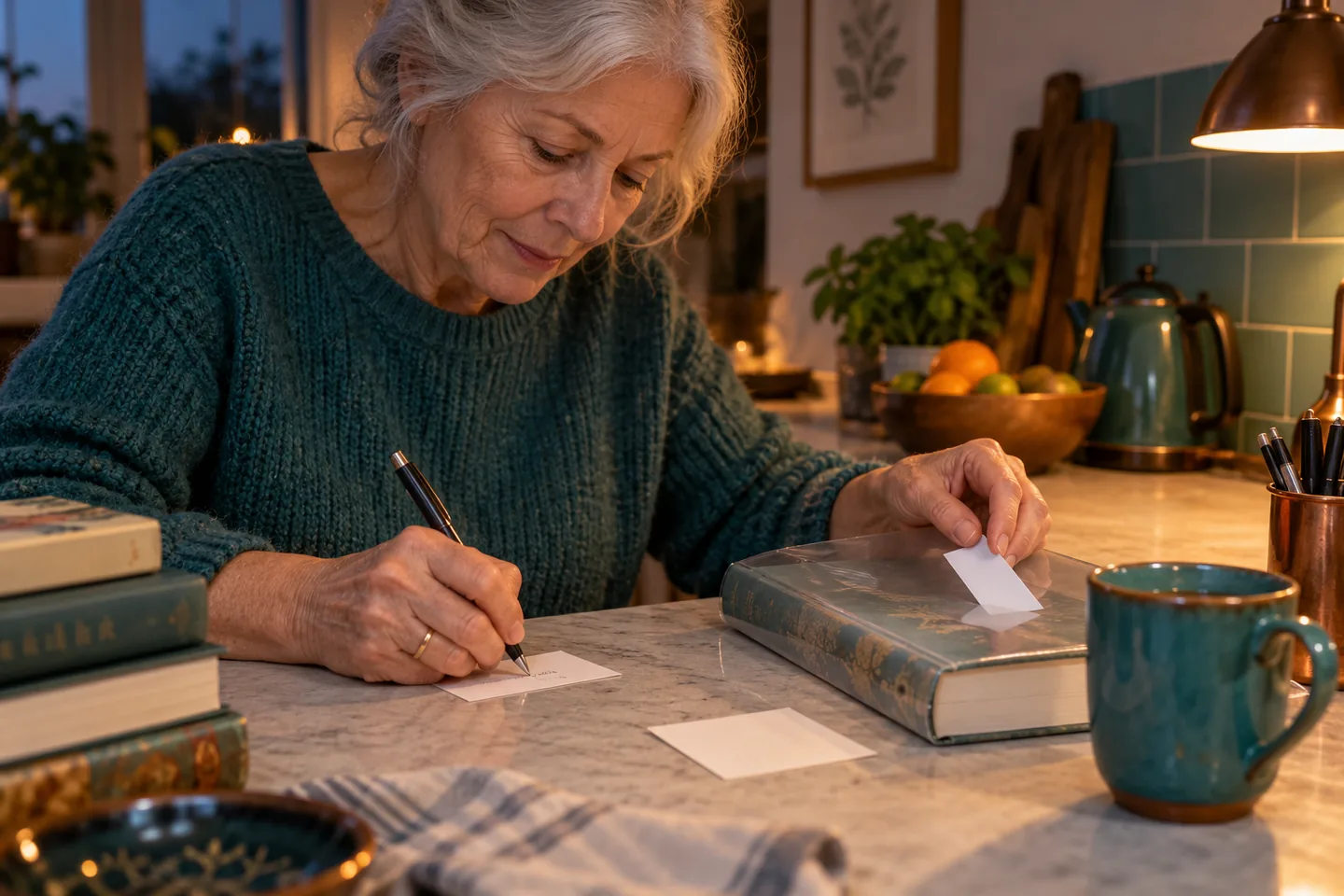 Een oudere Europese vrouw schrijft een compact studielabel en schuift een ander onder een doorzichtige boekomslag op een keukenblad