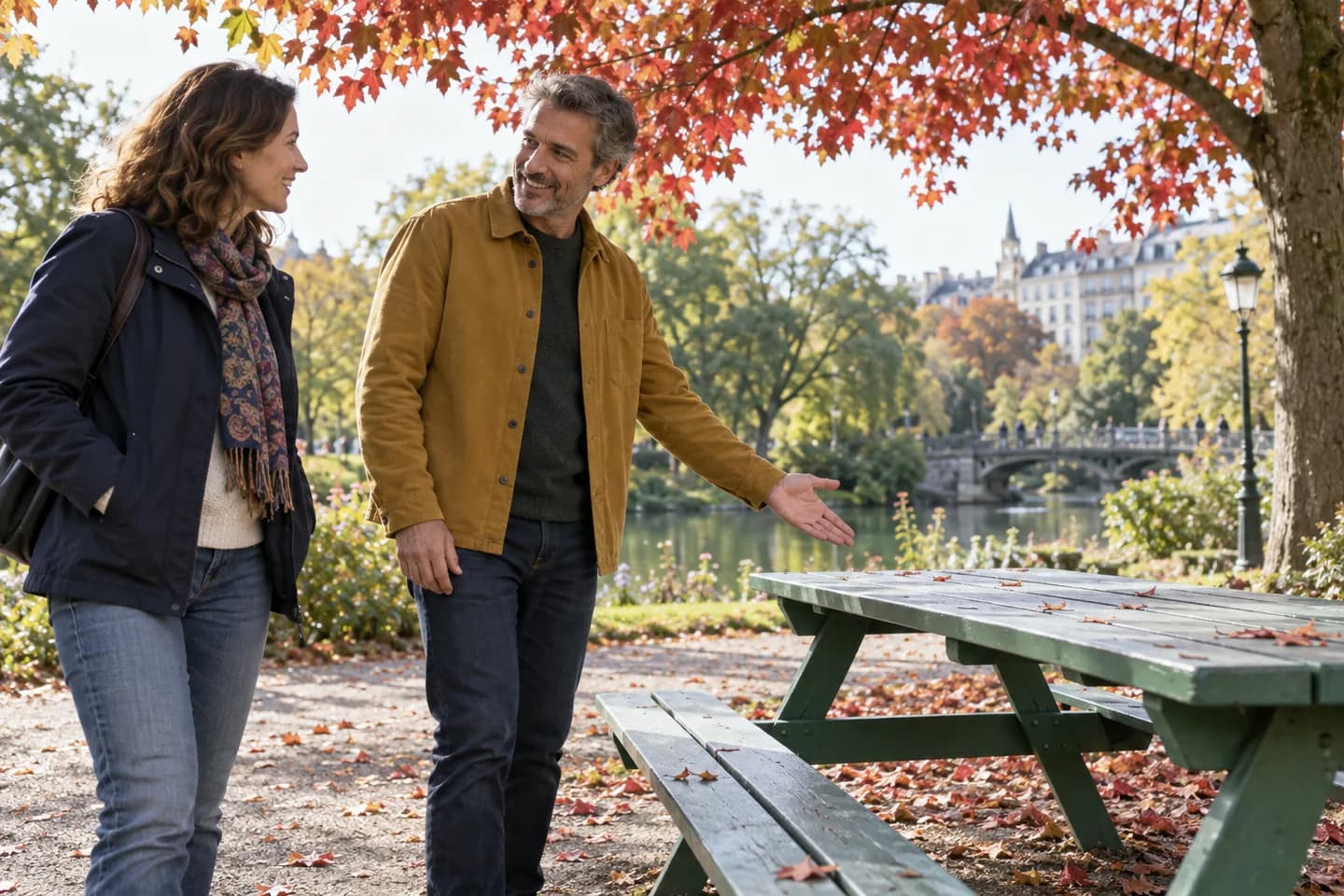 European man inviting a friend towards an empty picnic bench under autumn leaves in a city park