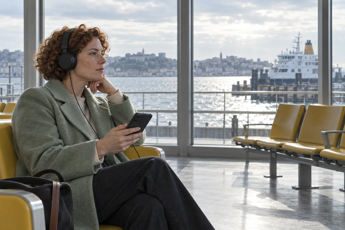 European woman listening with headphones and a phone in a ferry-terminal waiting area