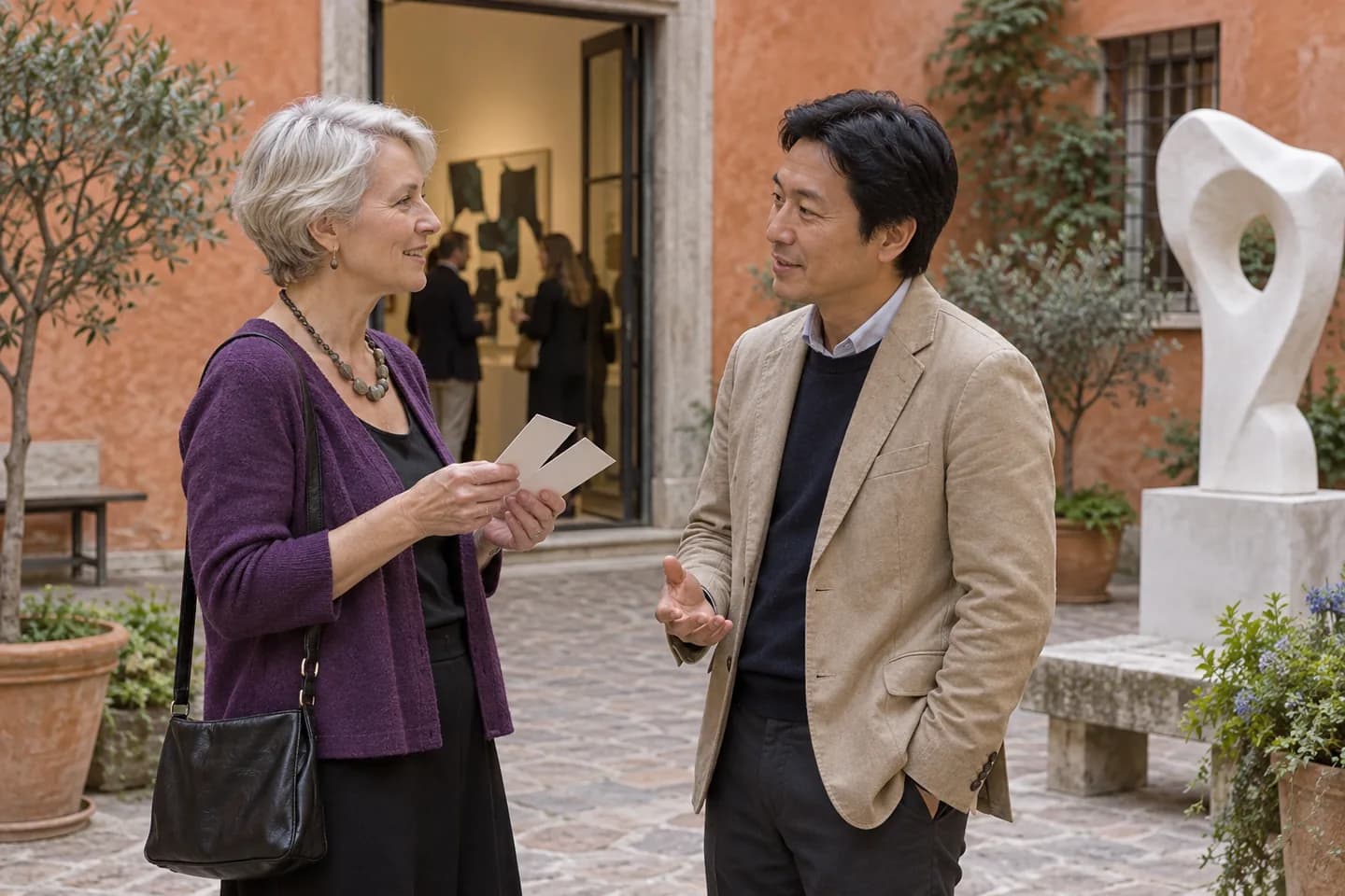 Older European woman with event cards speaking to an East Asian man in an art-gallery courtyard