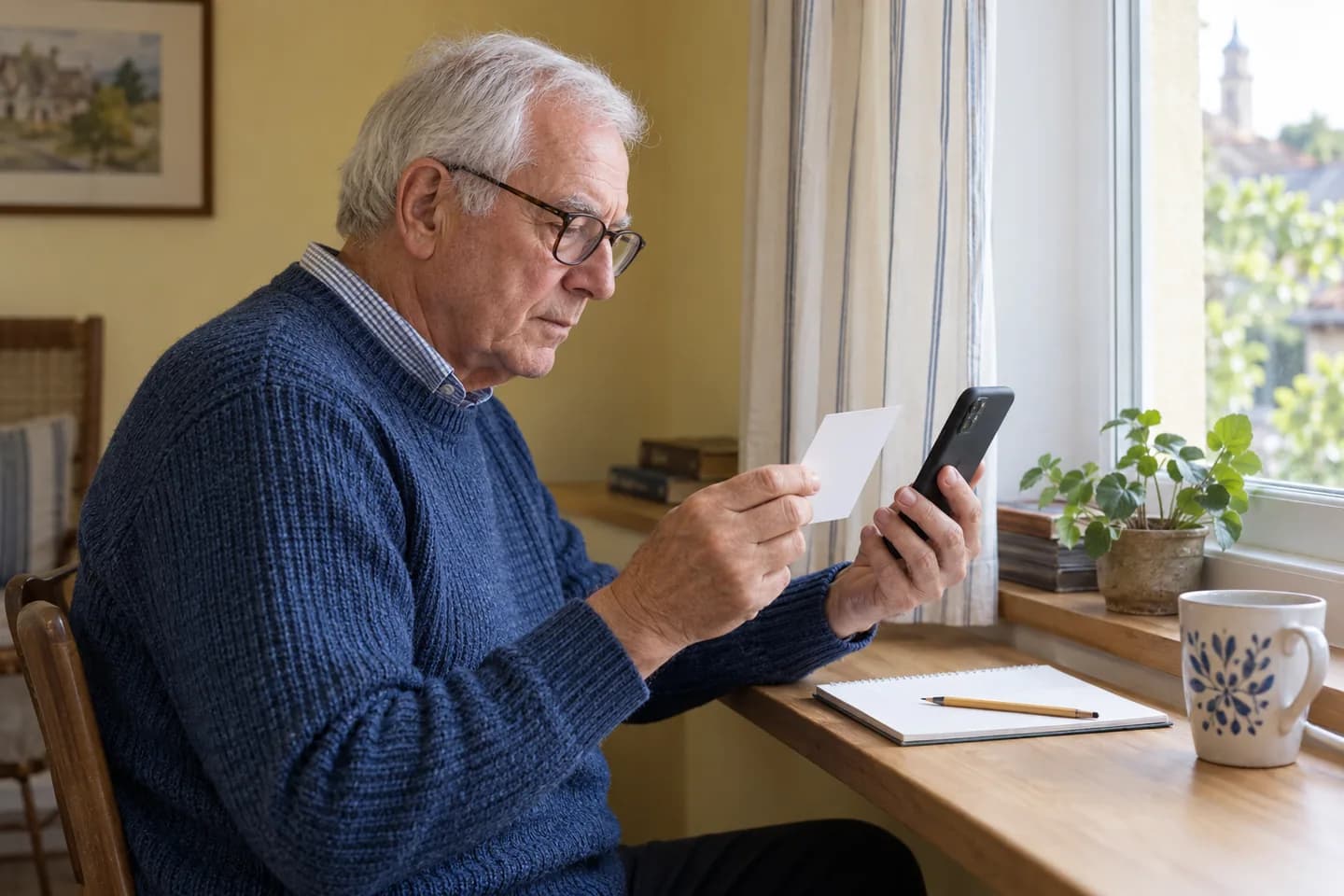 Older European man comparing a paper role card with a phone beside a home window