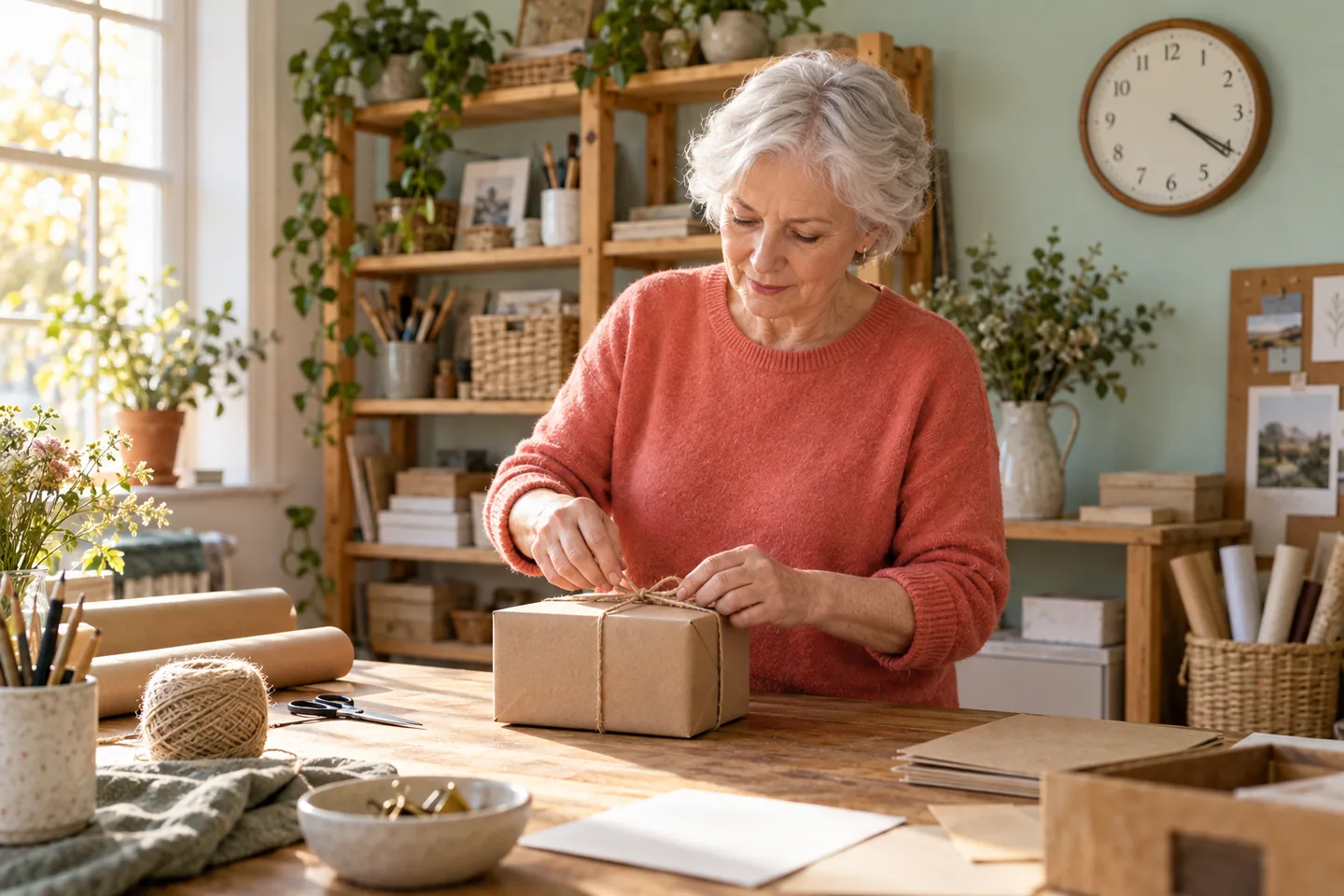 Older European woman finishing a parcel beside a clock in a bright craft workshop