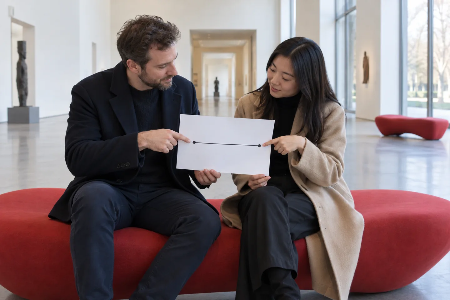 European man and East Asian woman pointing to the endpoints of a paper line in a museum corridor