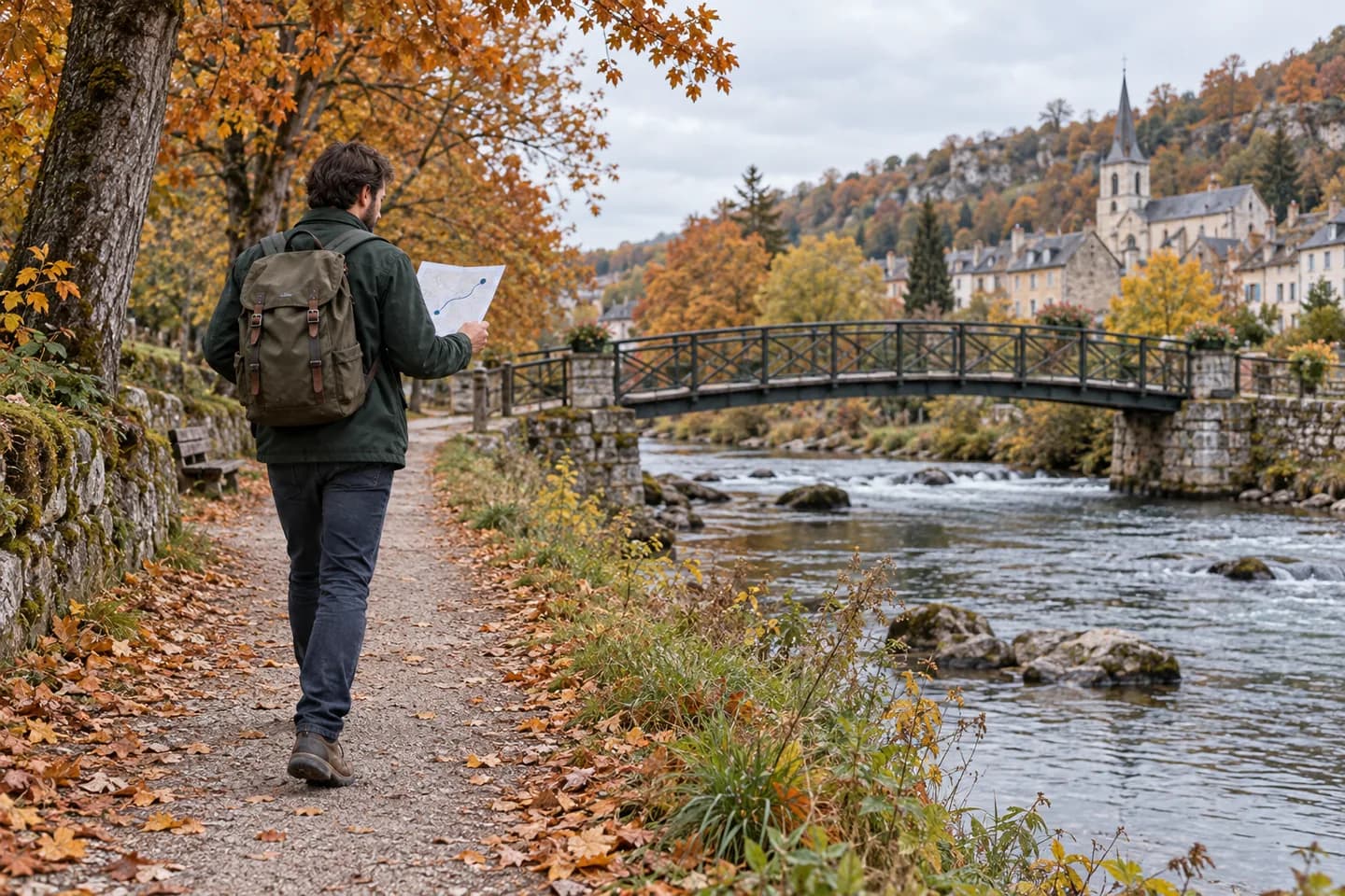 European man checking a route sketch beside a river and pedestrian bridge in autumn