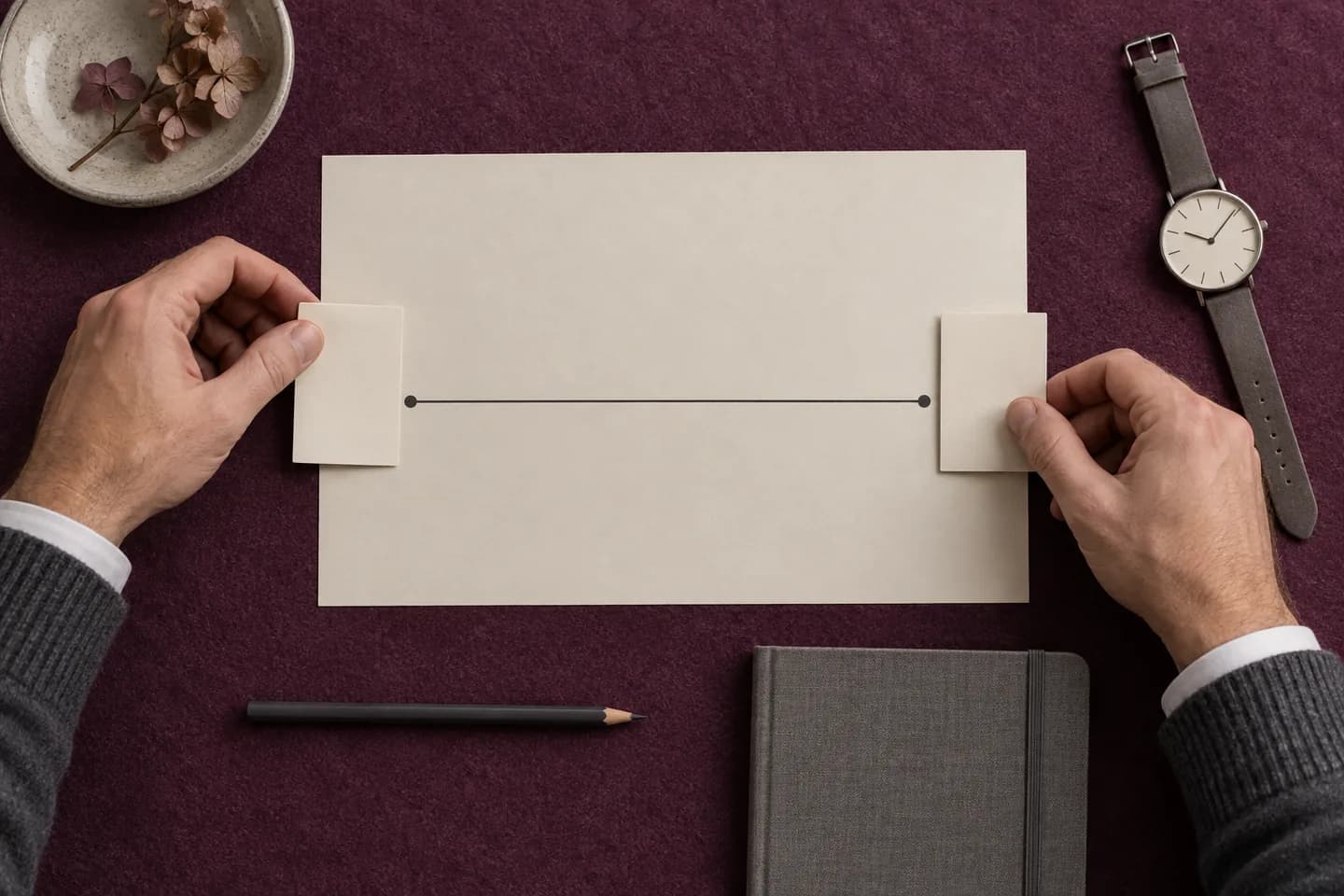 Hands placing two cards at the endpoints of a paper line beside an analog watch on plum felt