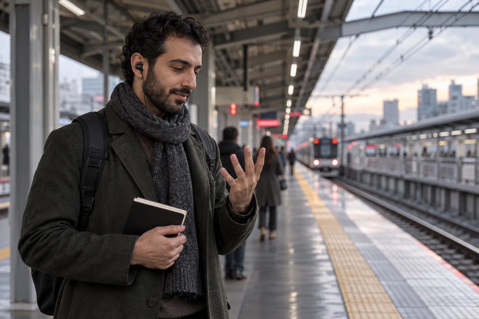 Adult learner on a Japanese train platform listening through an earbud and counting speech rhythm on his fingers