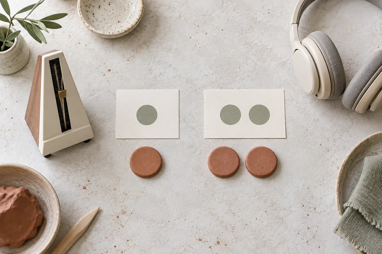 Overhead still life with one clay token beside two clay tokens, headphones and a metronome representing short and long Japanese vowel timing