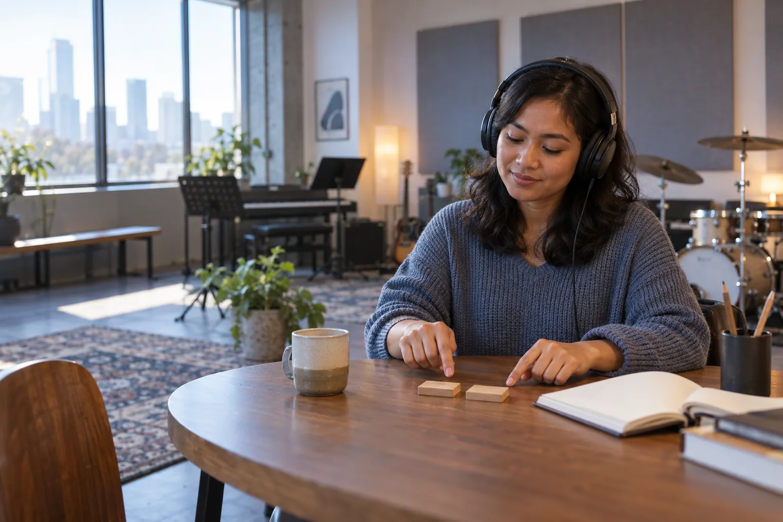 Adult learner wearing headphones and tapping two wooden beat markers during Japanese long-vowel practice in a music room