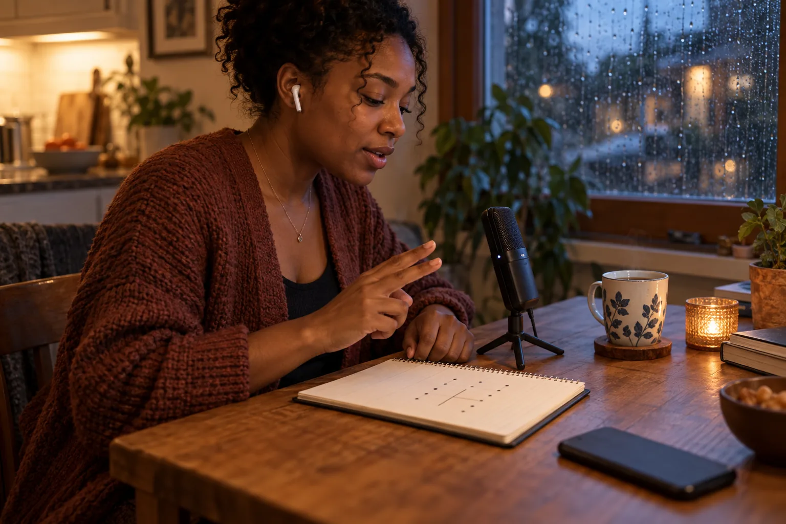 Adult woman recording Japanese pronunciation at an evening kitchen table while marking two equal beats with her fingers