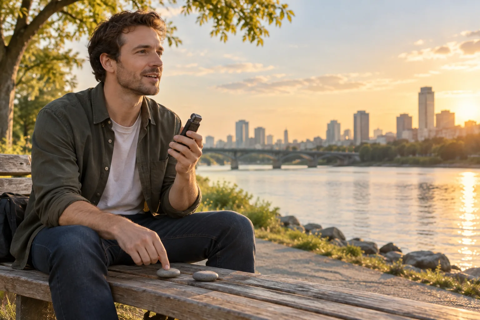 Adult learner practising Japanese vowel timing with a handheld recorder and two stone beat markers beside a river at sunset